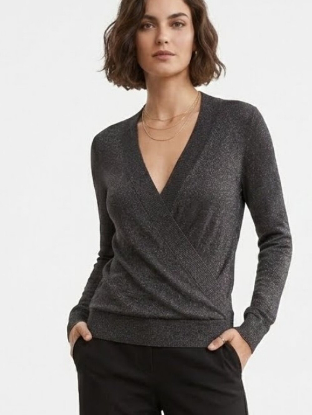 White House Black Market Black Metallic Wrap Cardigan Sz M